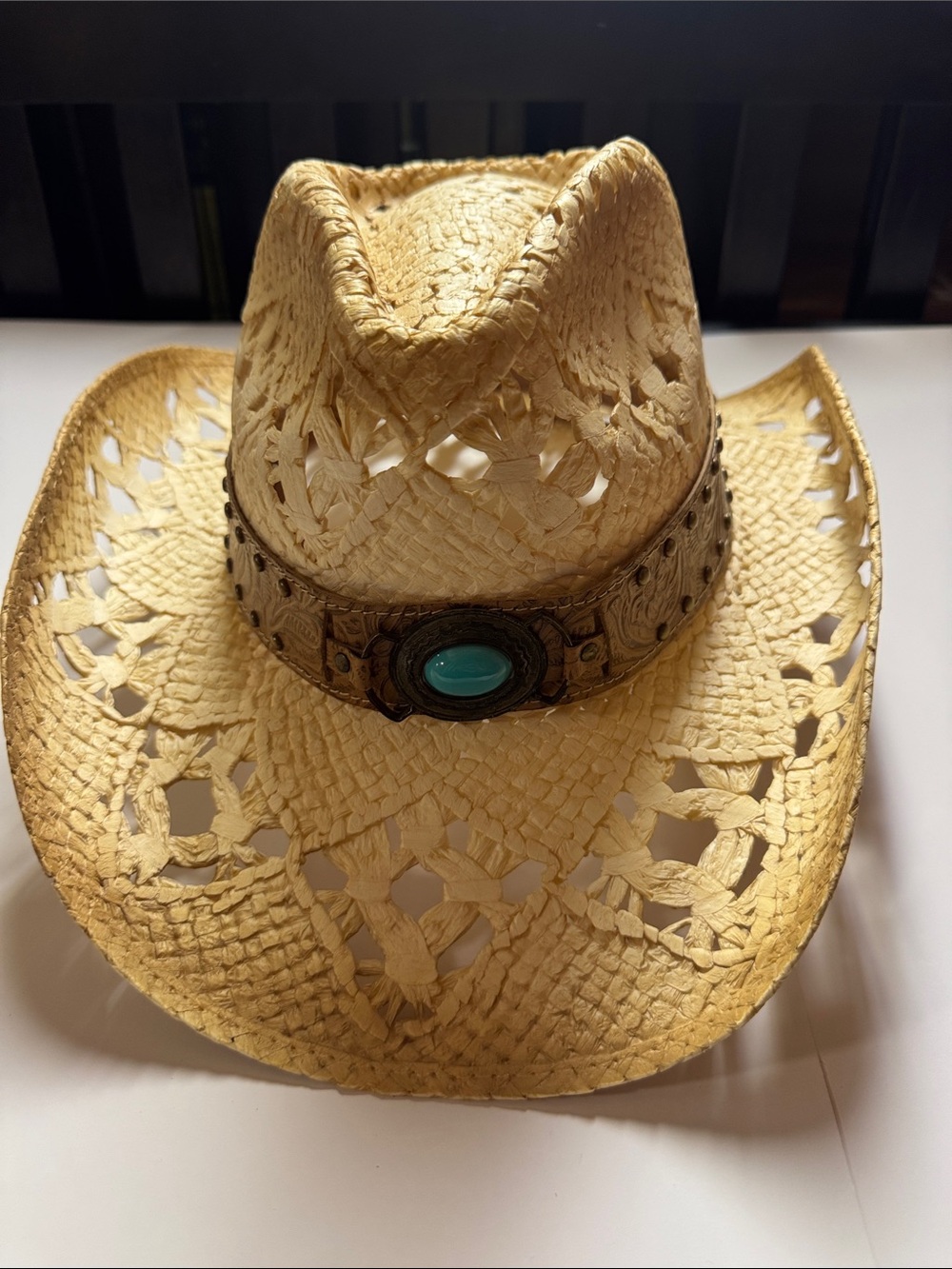 Vintage Western Woven Straw Cowboy Hat Turquoise Concho Faux Leather Band
